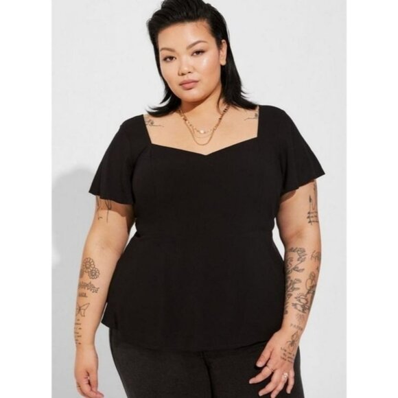 Torrid Black Peplum Challis Sweetheart Flutter Sleeve Top - Picture 1 of 9